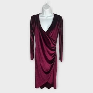 Red Velvet Ruched Holiday Cocktail Party Long Sleeve Knee Length Dress Small
